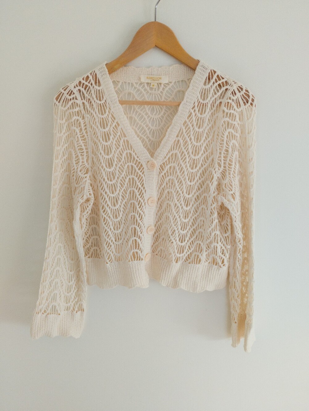 Rebellion Again Cream Crochet Open Knit Button Front Cardigan Size Medium Boho
